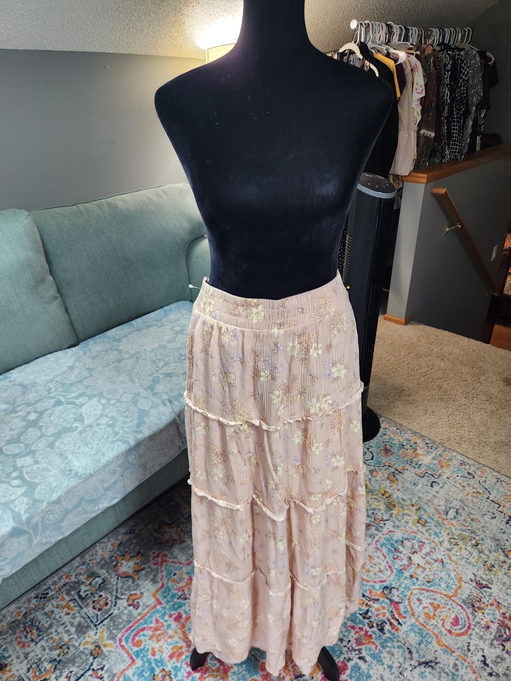 Pink Rose Floral Tiered Maxi Skirt Pink & Yellow XL